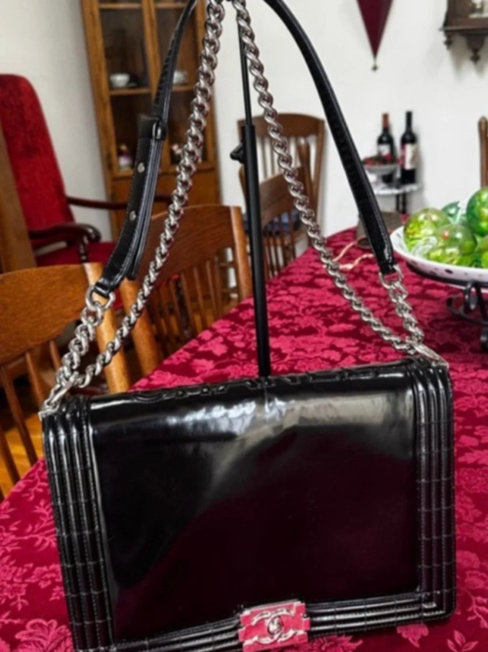 CHANEL Black Patent Leather Chain Shoulder Bag with silver hardware